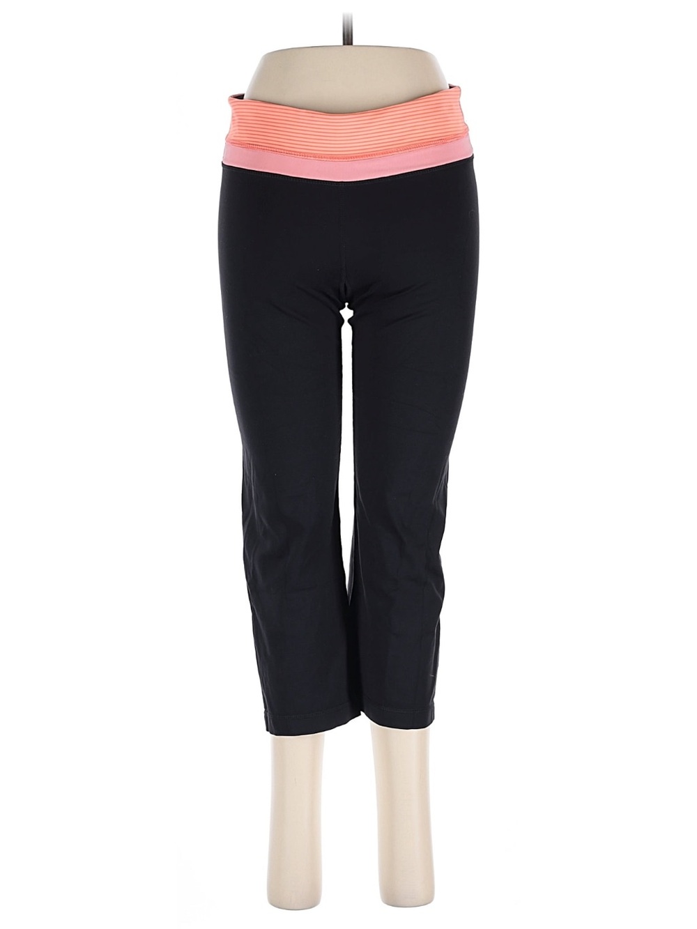 Black Yoga Capris with Pink Coral Fold-Over Waistband